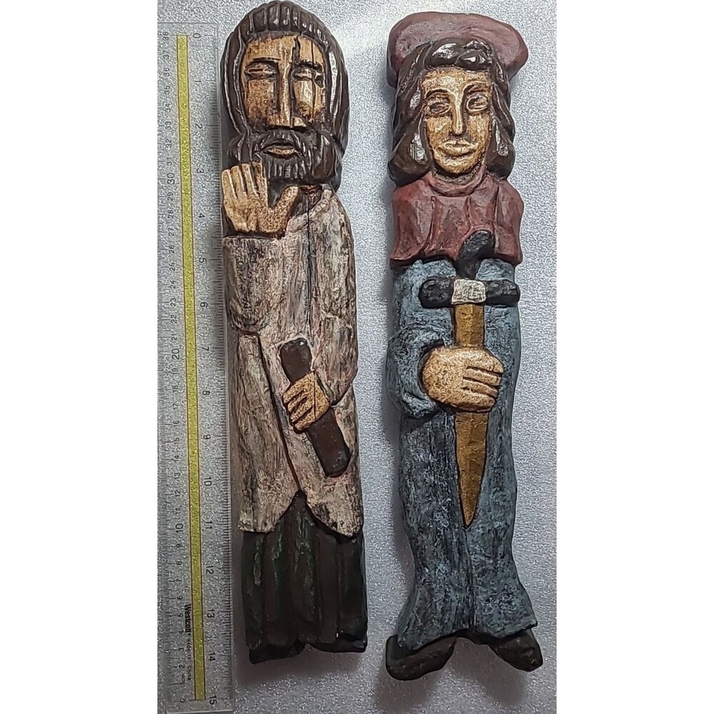 Pair of Ceramic Wall Hanging Statues in style of hand carved wood - 14" Tall